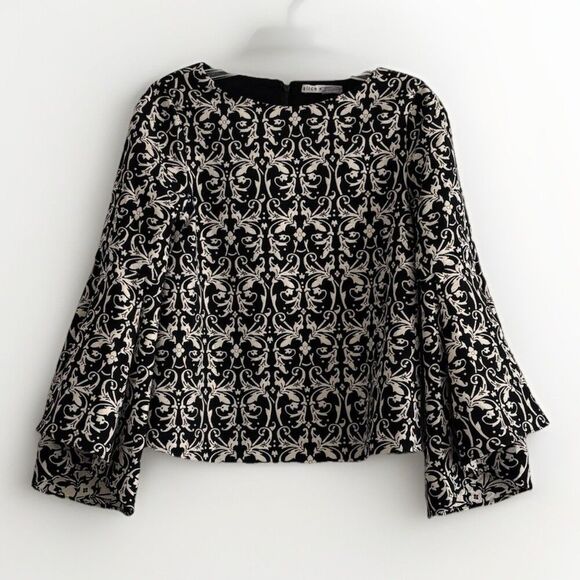 Alice + Olivia Tops - Alice + Olivia Boatneck Bell Sleeve Damask Blouse Women’s Black Gold Top Sz 2